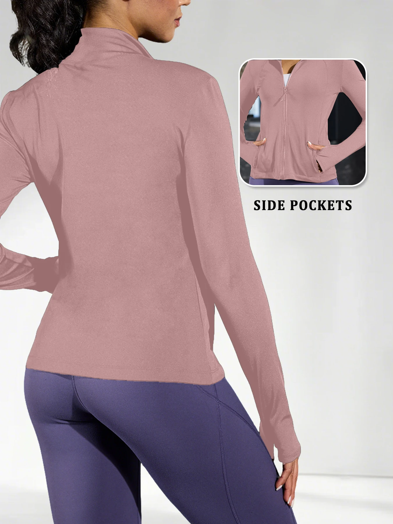 سترة اليوغا النسائية للتمرين بفتحات إبهام بسحاب كامل ومثالية للجري والمشي لمسافات طويلة والمزيد #2