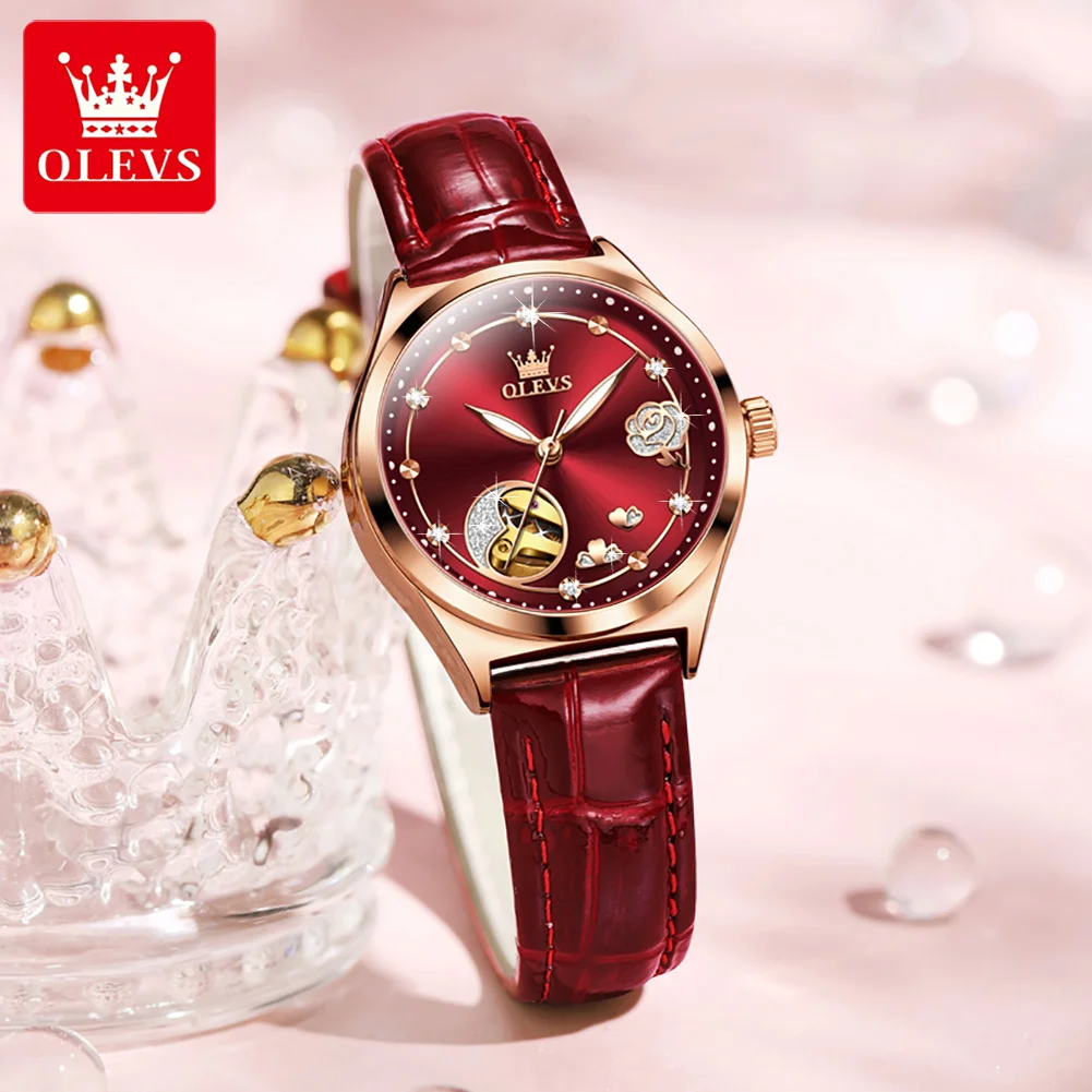 OLEVS Fashion Women Mechanical Watches Bracelets and Necklaces Set Leather Strap Luxury Hollow Ladies WristWatches Reloj Mujer