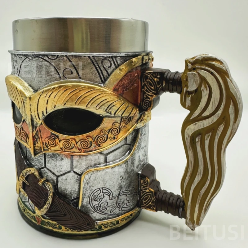 Retro Mask Beer Mug Pirate Swordsman Coffee Medieval Warrior Stainless Steel Handle Party Cup Decorations Craft Golden New Gift