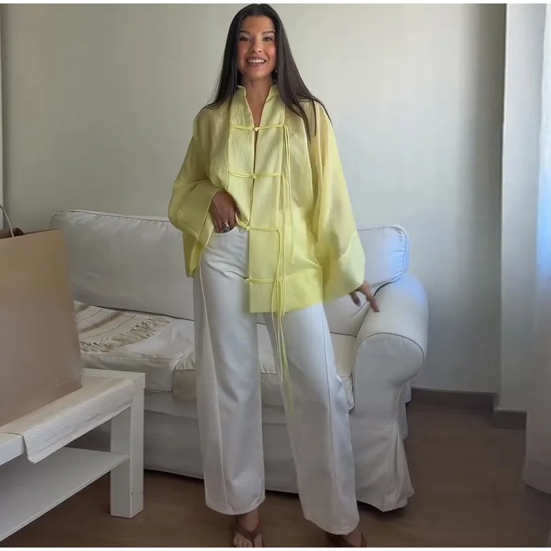 Elegant Chinese Style Frog Button Blouse Sheer Wide Sleeve Loose Fit 2026 Summer Office Casual Chic Breathable Wear Women Top