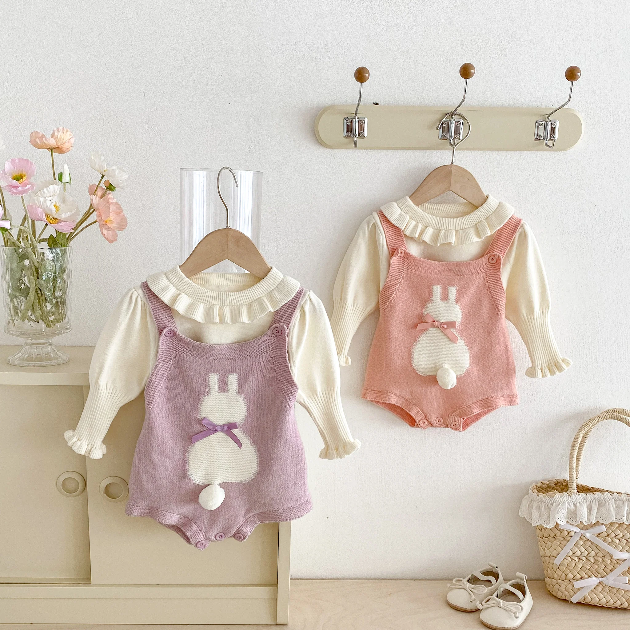 Autumn and Winter baby Sweater One-Piece Suit, Cute Rabbit baby Girl Knitted Halter Top Coat Set