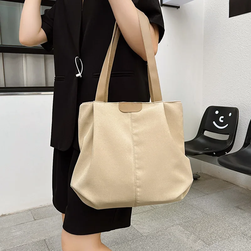 Autumn Classic Canvas Patchwork Large Shoulder Bag Women Pleated PU Strap Tote Bag Versatile College Students Handle Bag