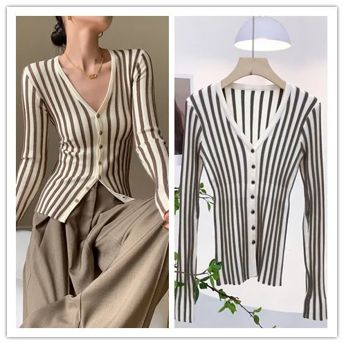 6869 Schlankheitsdecke ~ Frühlingsneues modisches V-Ausschnitt-Vertikalstreifen-Farbblock-Taillen-Schlankheits-Cardigan-Innenbekleidungsoberteil