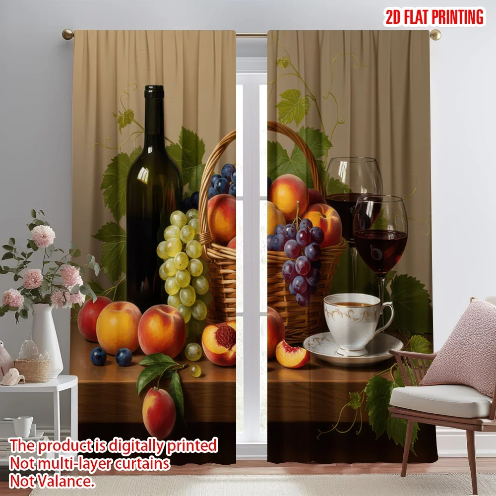 

2D flat printing 2pcs Party Window Curtains Wine and Fruit Basket Digital Printed Polyester Drapes Family Party Decoration Use