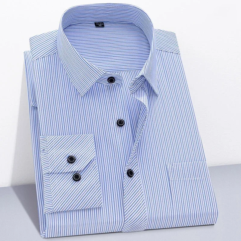 Long Sleeve Striped Branded Cotton Shirts for Men Shirt Male Shirt Business Casual Gray Blue Red Orange New Regular Fit