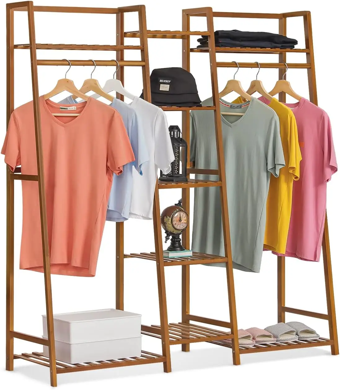 Bamboo Clothes Rack with Double Rods and Storage Shelves Open Wardrobe Rack for Hanging Clothes and Storage for Bedroom