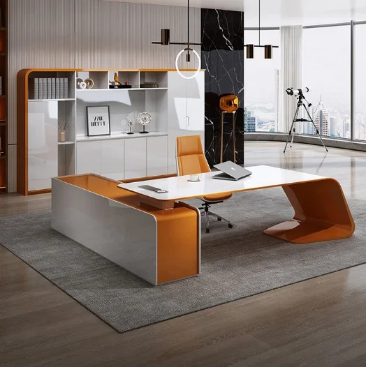 

CEO Wireless Charging L Shape Smart Table Modern White Home Office Furniture High Tech Boss Manager Executive Office Desk