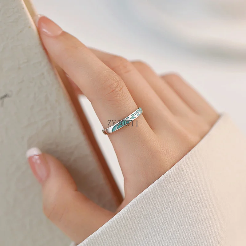 Кольцо из стерлингового серебра 999 пробы, сине-белое фарфоровое кольцо, женское простое кольцо премиум-класса, легкое роскошное кольцо на указательный палец