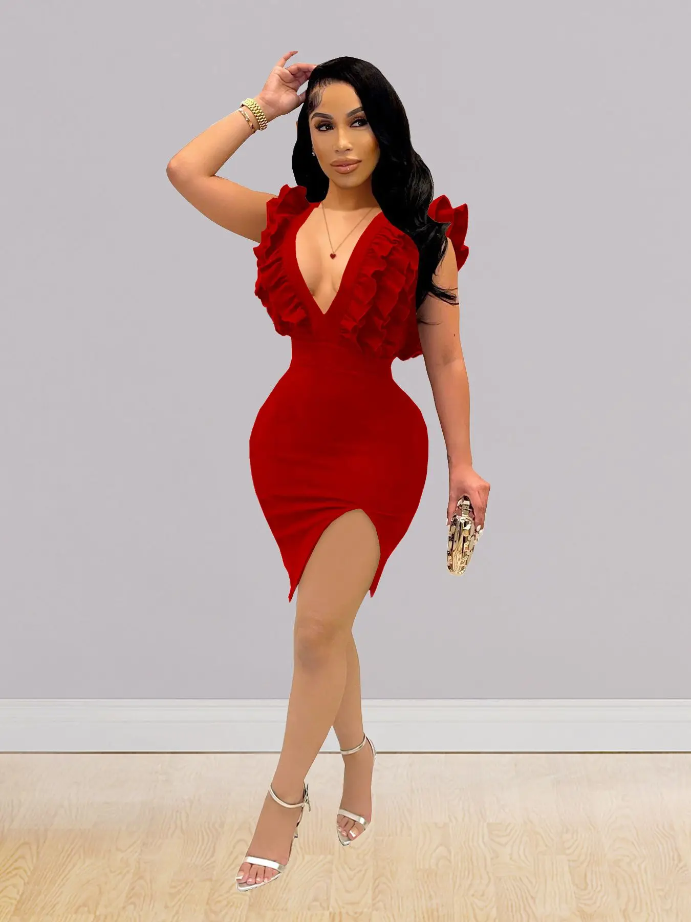 European and American women\'s solid color deep V-neck pleated wooden ear edge club mini dress