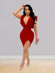 European and American women's solid color deep V-neck pleated wooden ear edge club mini dress