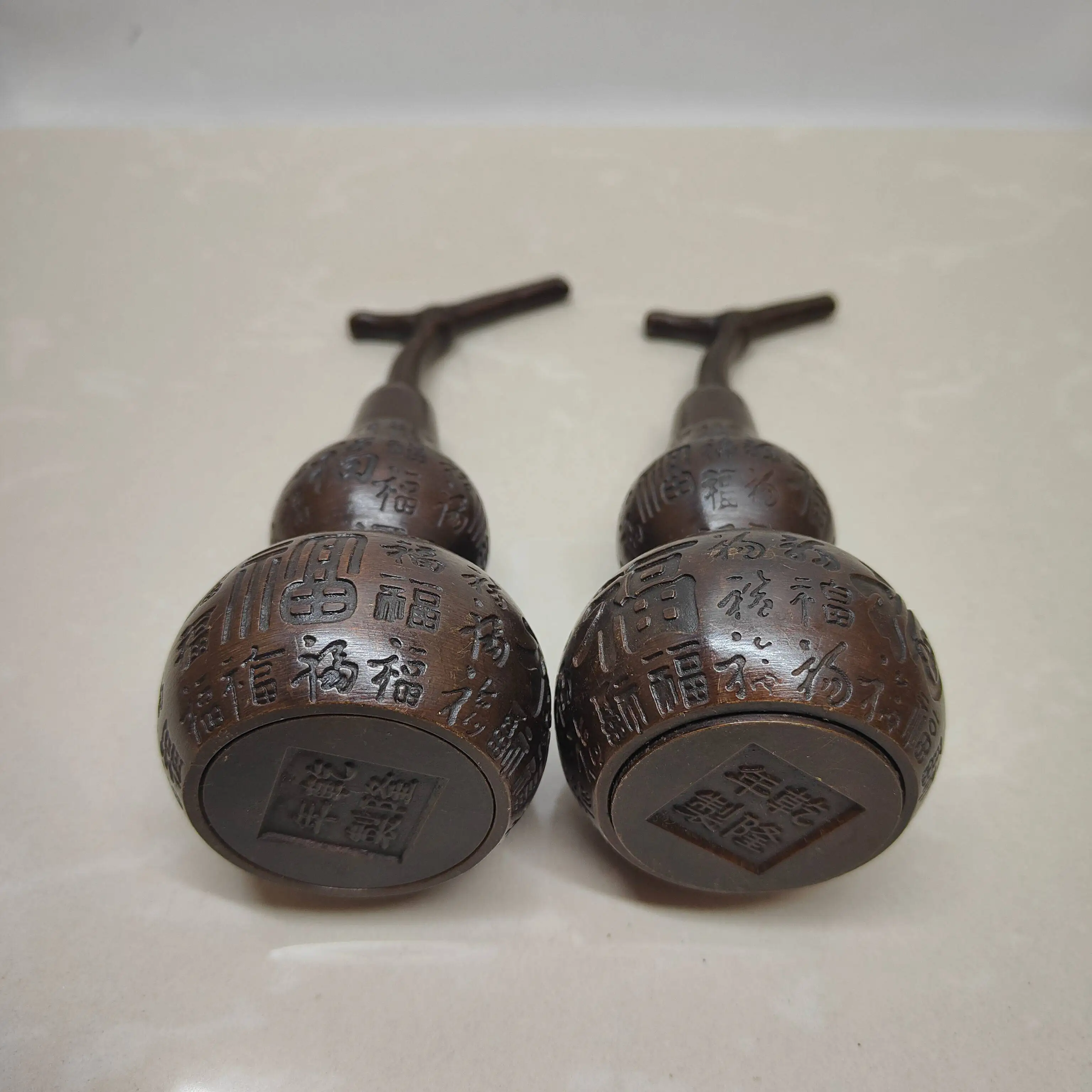 Vintage Small Hundred Blessings Gourd Pair Brass Antique Copper Feng Shui Decor