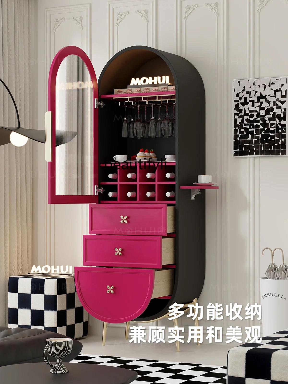 Single Door Wine Cabinet Rose Red Changhong Glass Cabinet Integrated Dining Side Dopamine Display Cabinet