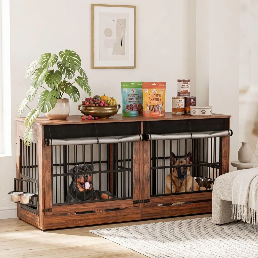 Double Dog Crate Furniture Indoor Dog Kennel Vintage Brown