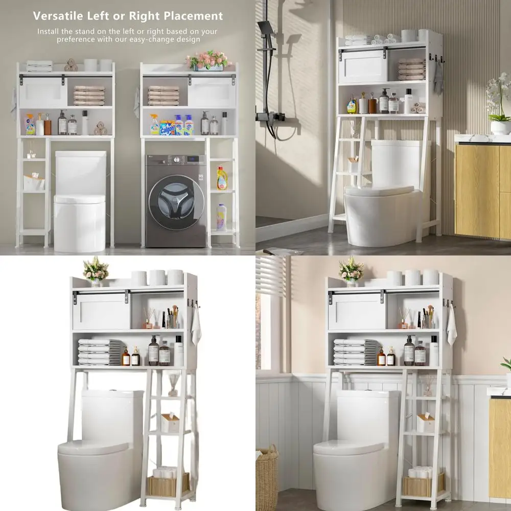 

Freestanding Toilet Storage Cabinet with Sliding Door, 32.5 W, 3 Hooks, Anti-Tip, White