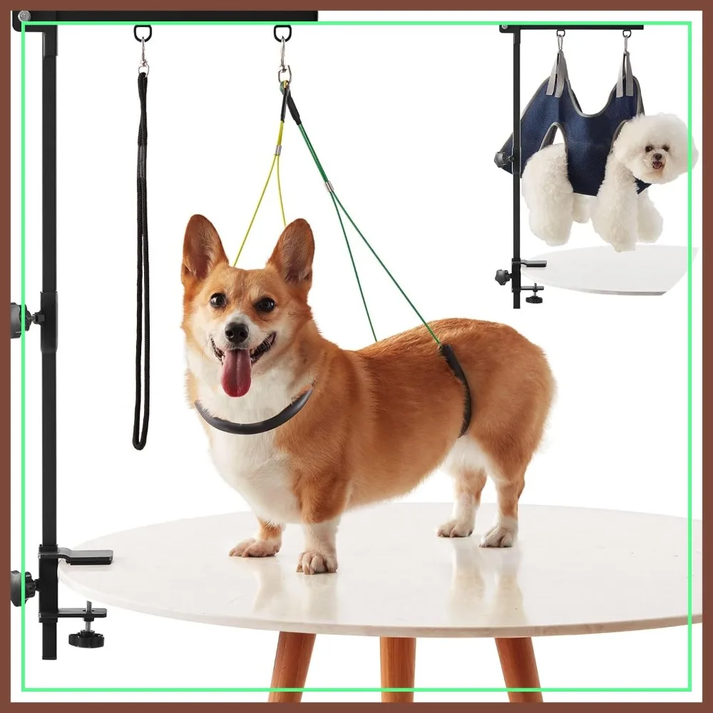 

35" Adjustable Dog Grooming Arm with Hammock & Clamp, No-Sit Haunch Holders, Durable Home Grooming Table Accessory