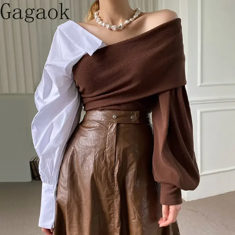 Gagaok Patchwork Blouses Early Autumn One Line Neck Shirt Women Design Sense Spliced Shirts Retro Off Shoulder Top