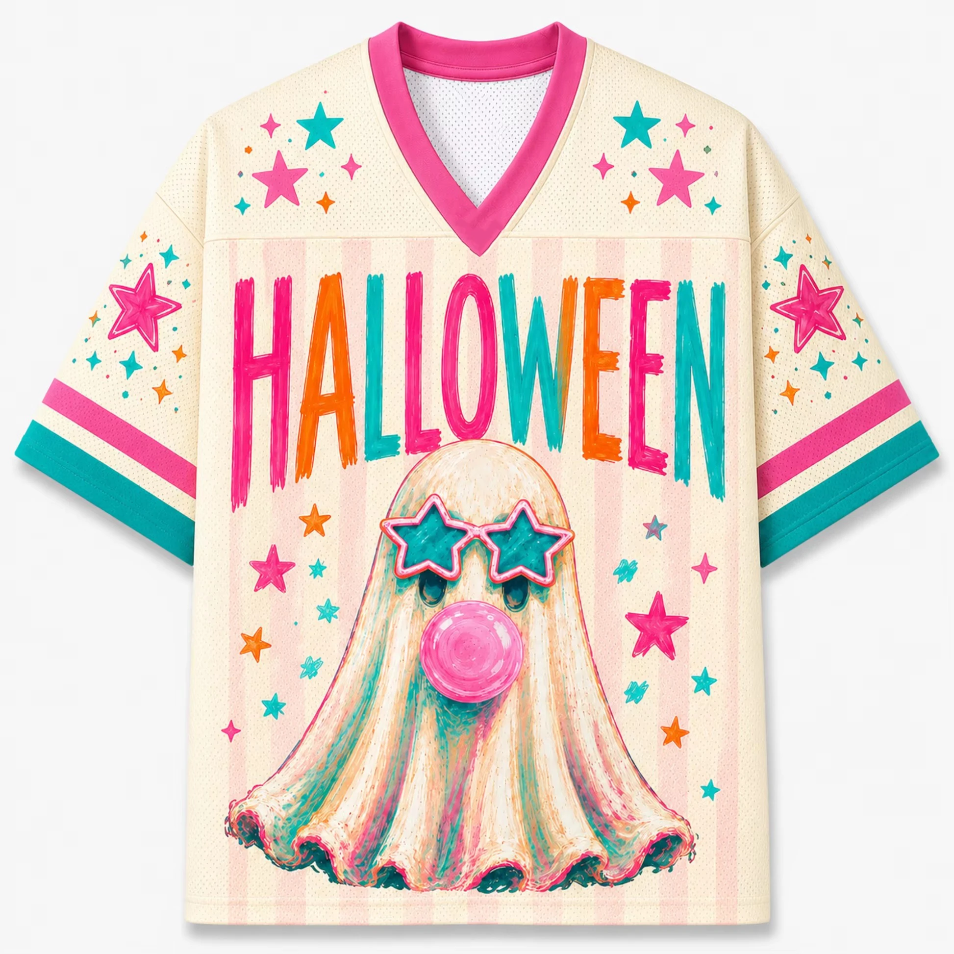 2026 Hand-painted Style Halloween Ghost Atmosphere V-neck T-shirt Trendy Halloween Men's and Women's Soccer Uniforms
