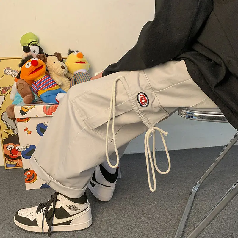 Estilo coreano perna larga algodão calças de carga dos homens streetwear em linha reta caminhadas oversize baggy sweatpants calças casuais bolso lateral