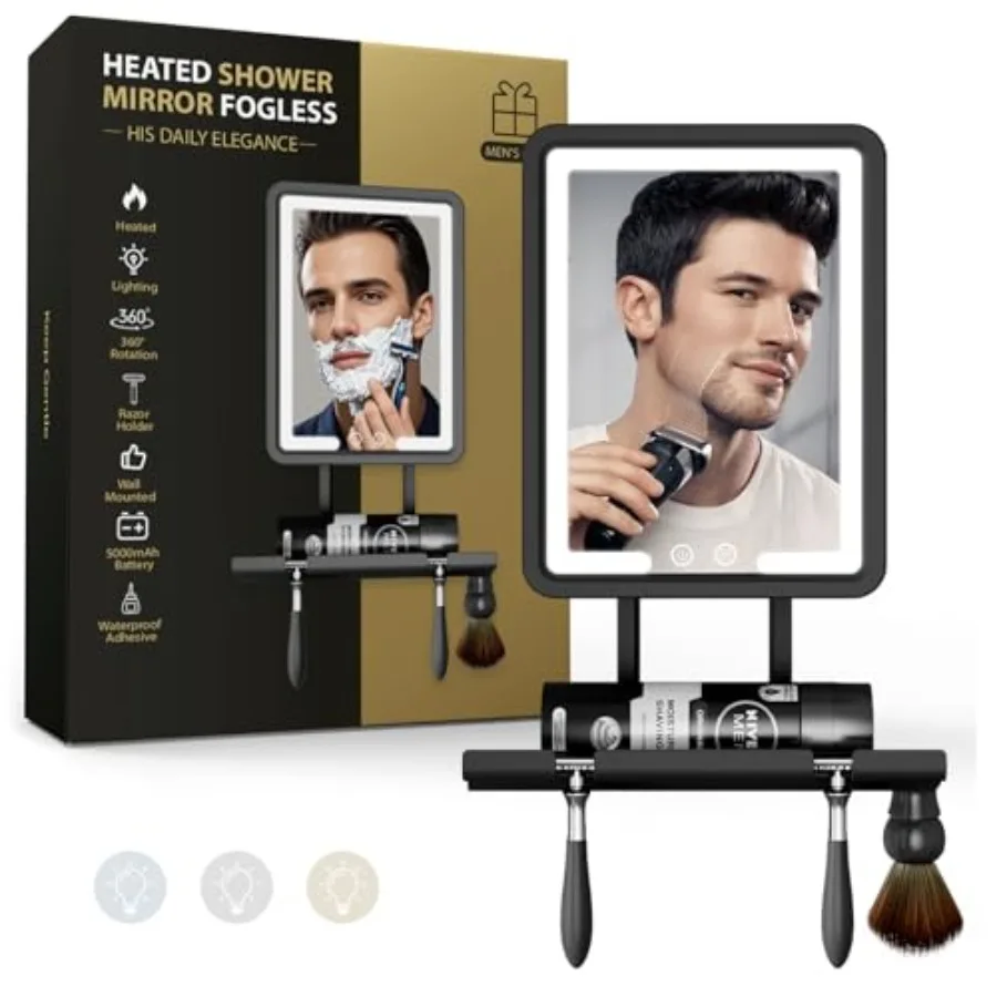 

Shower Mirror Fogless for Shaving with Light - Heated Anti Fog Bathroom Mirror Razor Holder Recharegable 5000mAh Battery 3 Colo