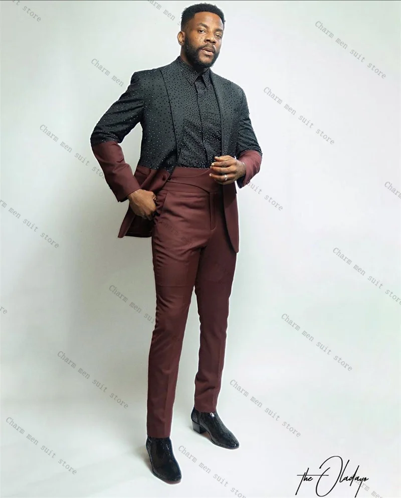 Luxury Crystals Men Suit Set 2 Piece Blazer+Pant Trousers Splice Color Customized Formal Office Jacket Wedding Tuxedos Prom Coat