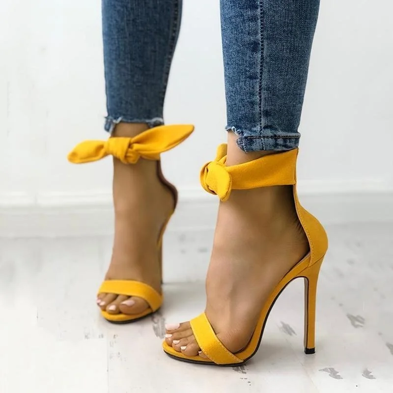 Comemore Ankle Strap Bowknot Shoes Thin Heels Elegant Pumps Women\'s Summer Footwear 2023 Trend New Pink Yellow High Heel Sandals