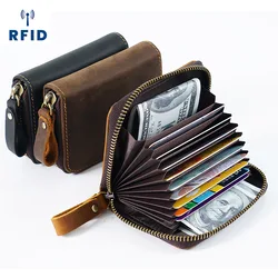 Crazy Horse Leather Card Holder for Men Zipper Card Wallet Rfid Card Purse For Male Carteras With Cardholders Woman Purse