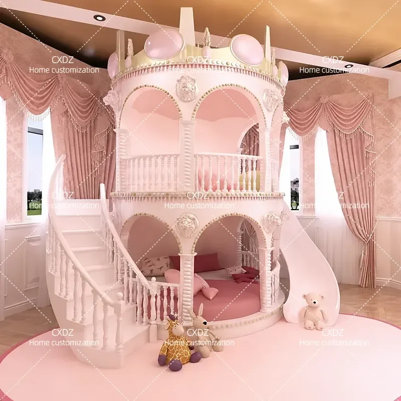 Full Solid Wood Princess Bunk Bed with Slide Pink Dream Castle Style Customizable Round Design for Kids Bedroom Furniture