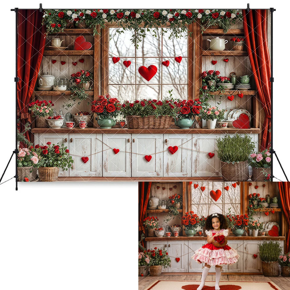Red Heart Valentine's Day Backgrounds Roses Shop Adult Kids Photocall Props Spring Kitchen Backdrops Lover Portrait Photostudio