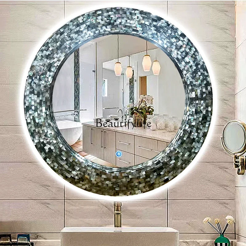 Black butterfly shell bathroom mirror round high-end entrance villa clubhouse bathroom hanging mirror