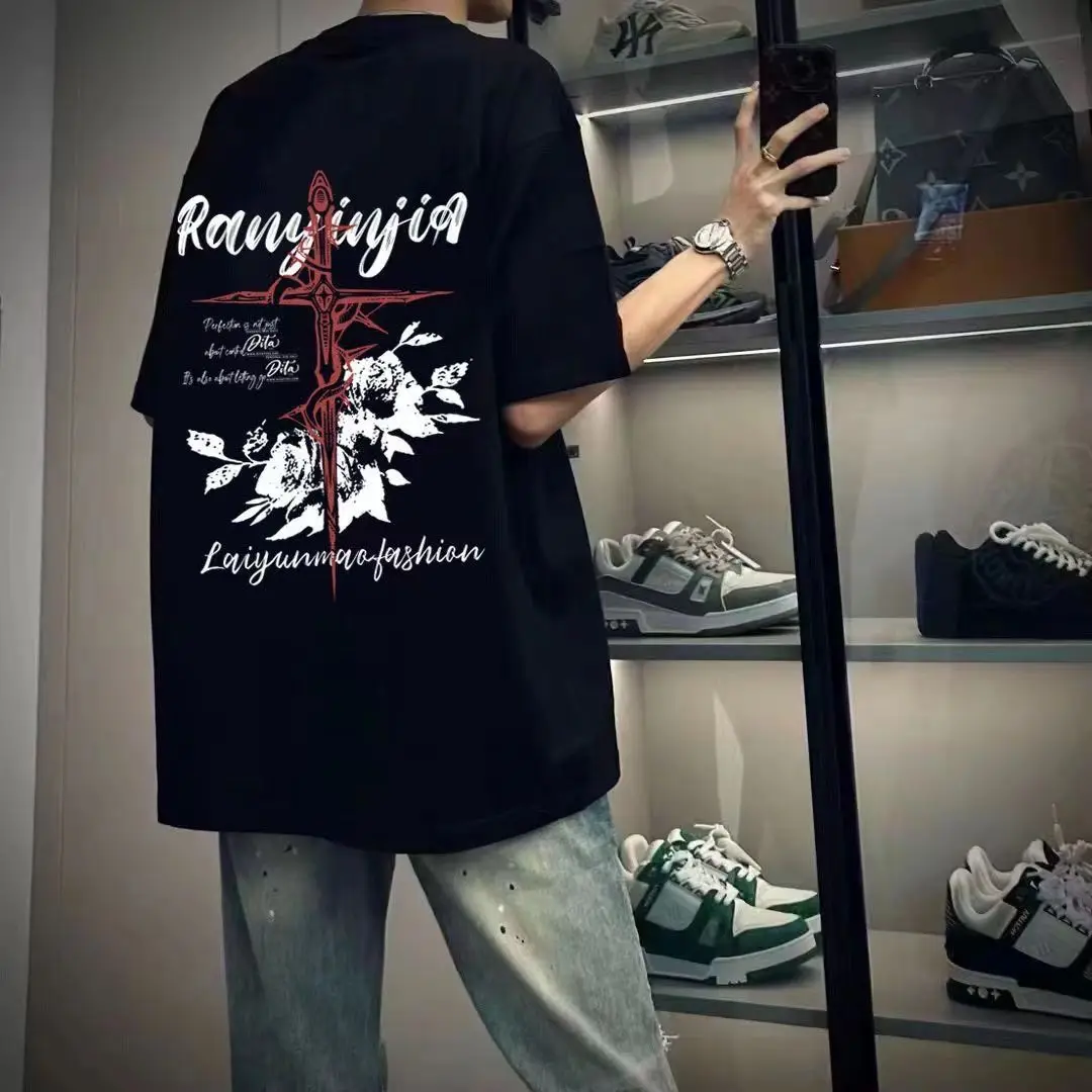 

Хлопковая свободная футболка унисекс с коротким рукавом, новый дизайн, с принтом роз, винтажная футболка, мужская одежда