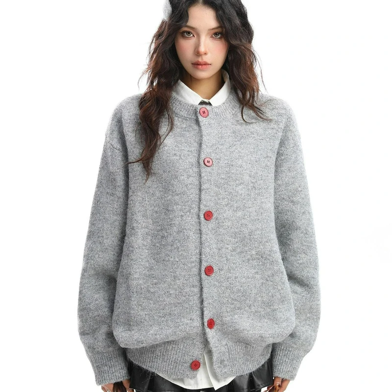 

2026 Autumn New Fashionable Elegant Lady Loose Knitted Sweater Coat Korean-style Solid Color Single-breasted Cardigan for Women