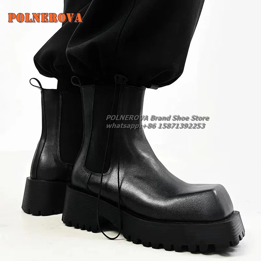 

Черные ботильоны с большим квадратным носком на платформе, толстая подошва, мотоциклетные ботинки больших размеров, крутая уличная обувь для пар, тренд 2024 года