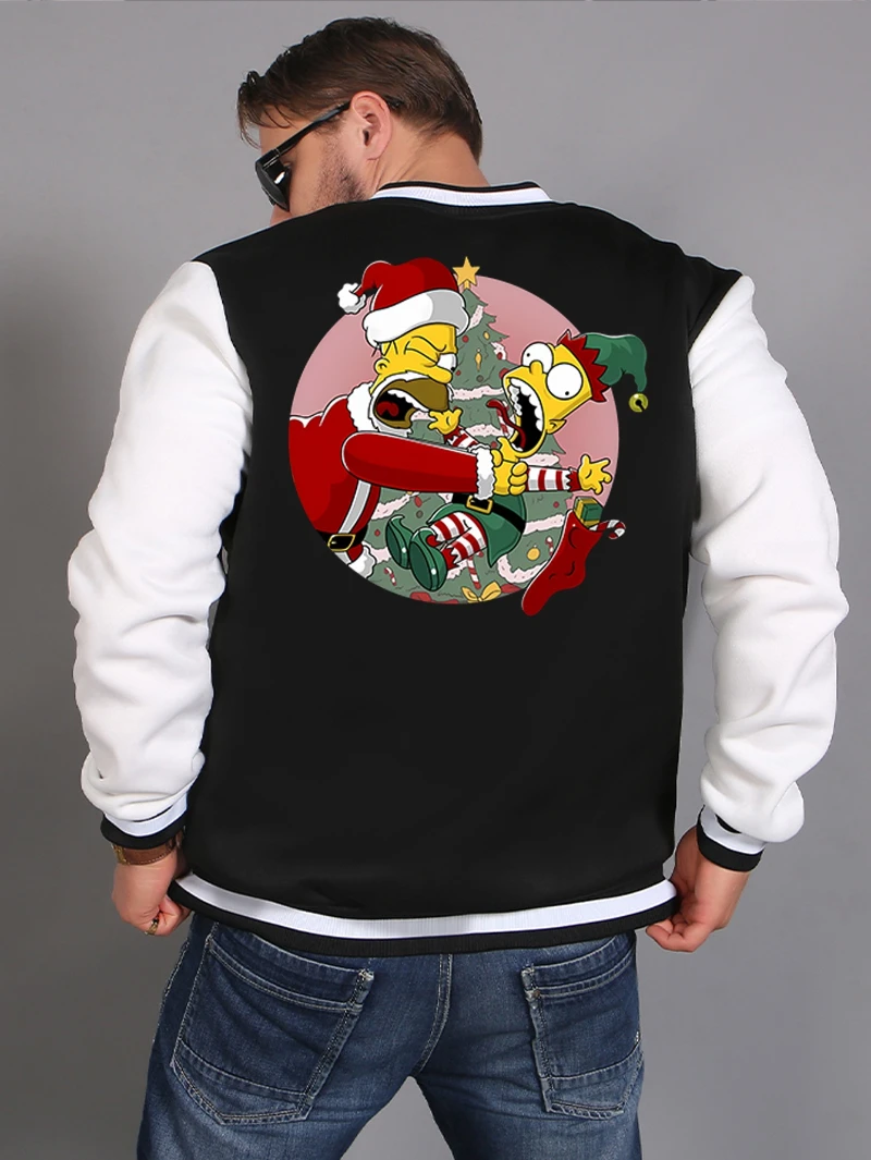 

Men's Casual Color-blocked Baseball Jacket with Christmas-themed Printed Patterns and Text, Men's Street Baseball Jacket