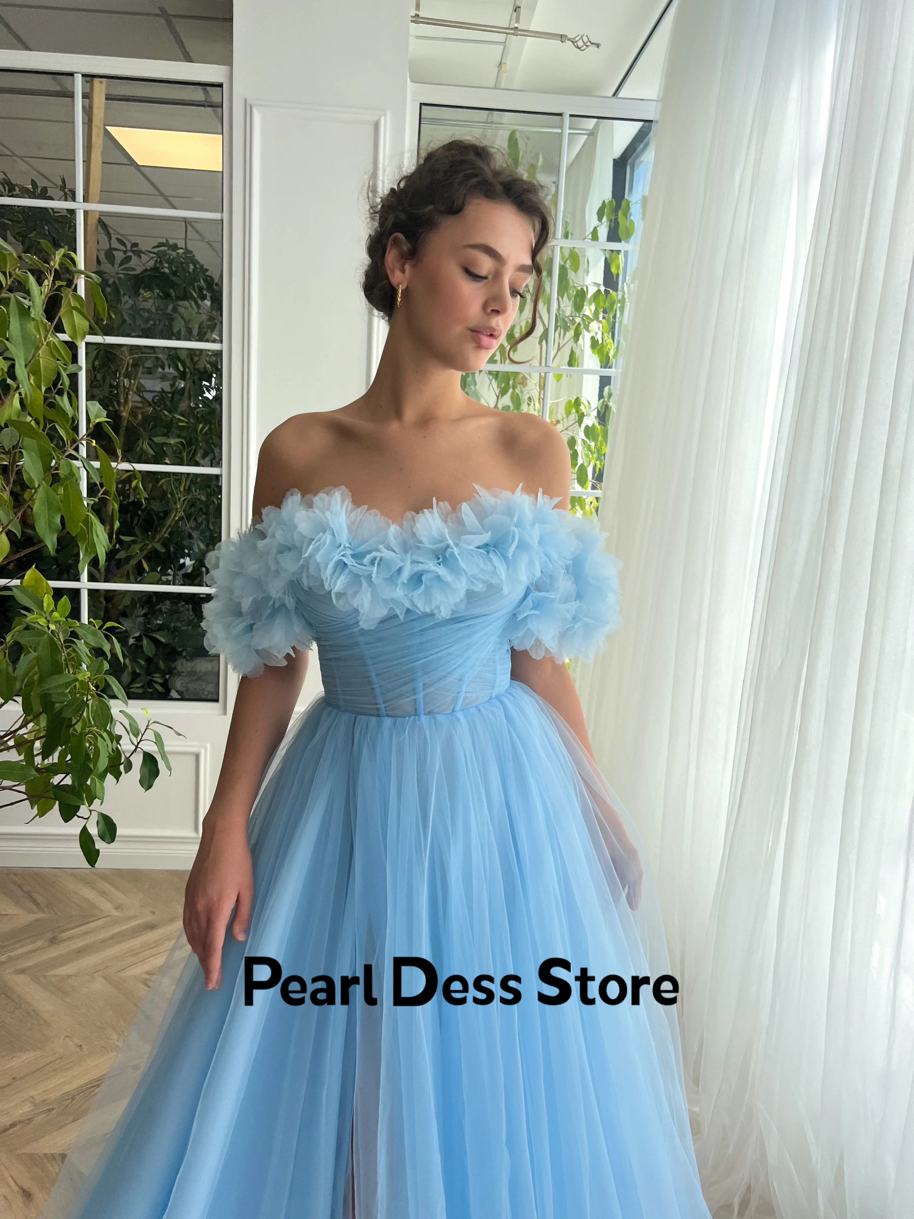 Pearl Sky Blue Gala Dresses Woman 2024 for Party Dress Es Off the Shoulders A Line Long Skirt Gauze Side Slit Ball Gowns Evening