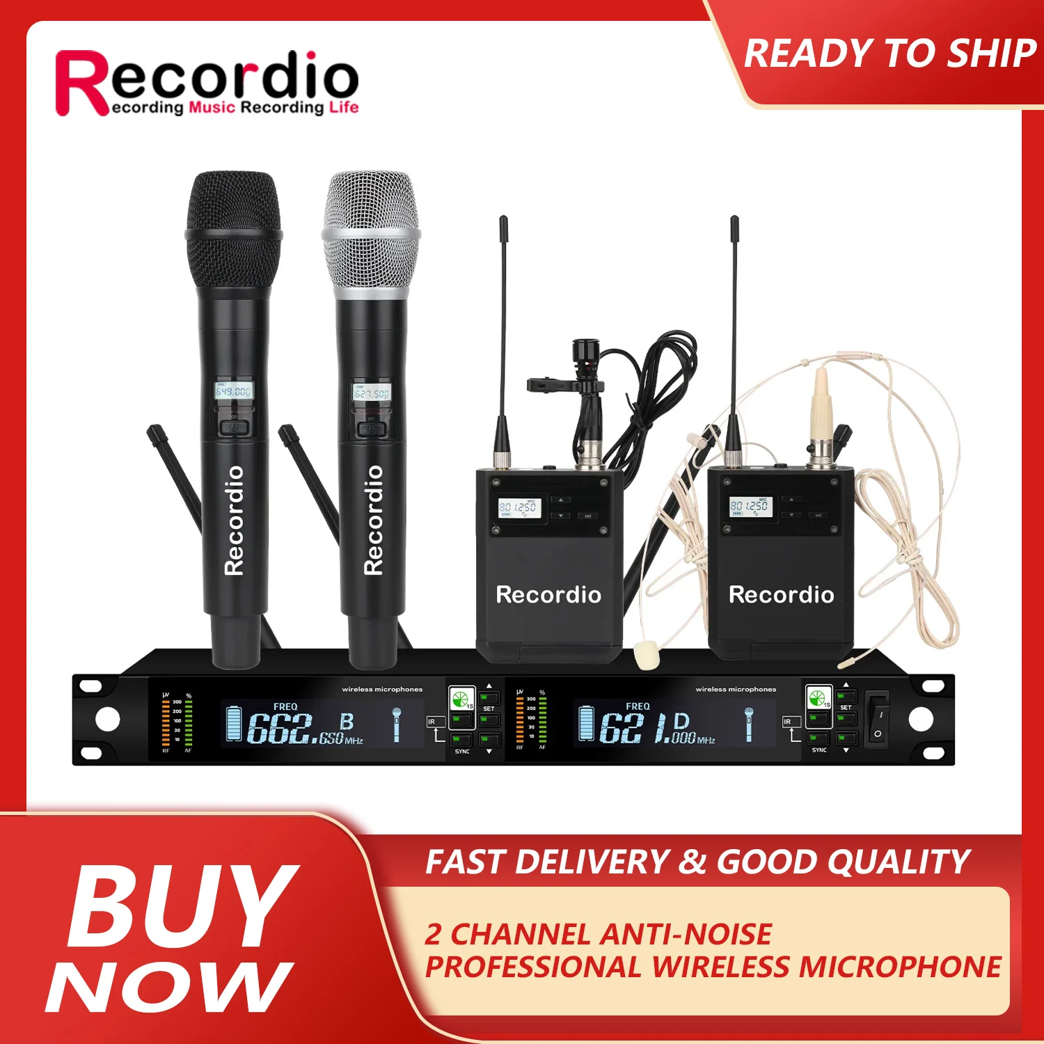 

GAW-KN90 2 Channel Anti-Noise Professional Wireless Microphone with Large Screen Hi-Fi Microphone UHF Receiver Interview Mic