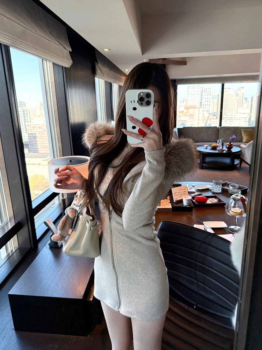 

NAOAO Женское облегающее трикотажное платье с отстегивающимся меховым воротником и молнией, длинный рукав, на каждый день, Зима 2025