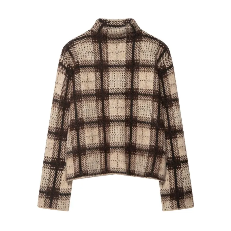 Knitted shirt women Retro 2025 autumn/winter casua lazy Checkered Jacquard Half High Neck Shirt long sleeved basic Simple