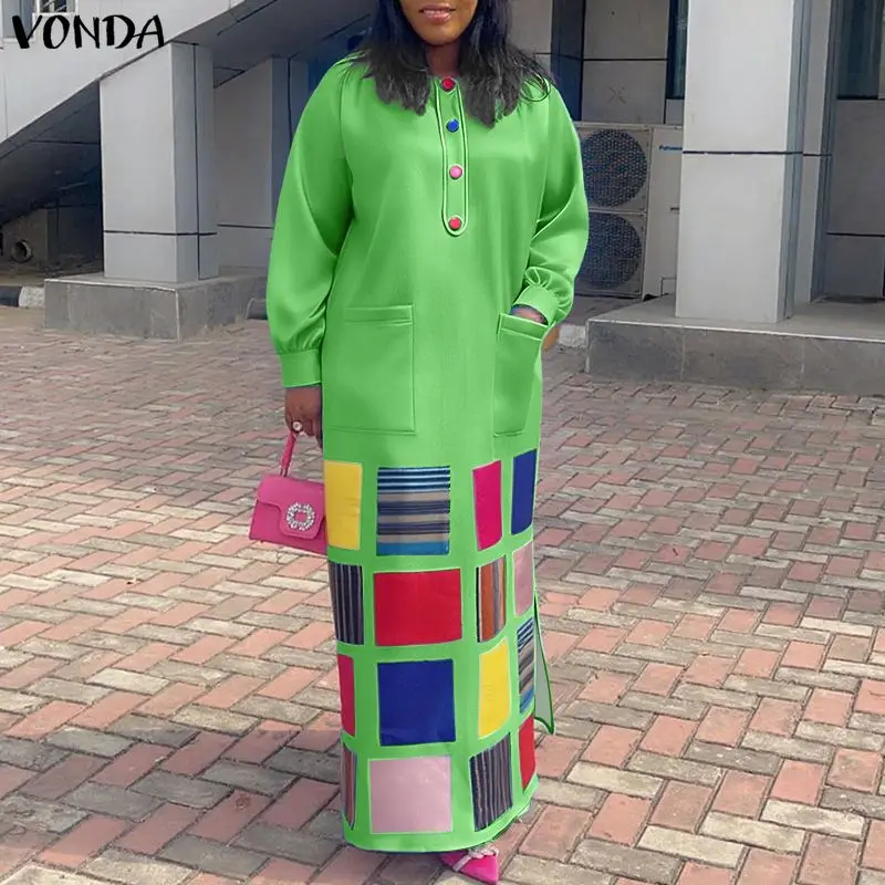 VONDA Plus Größe 5XL Vintage Frauen Maxi Kleid Mode Langarm Druck Böhmischen Vestido Casual Lose Taschen Oversize Party Robe