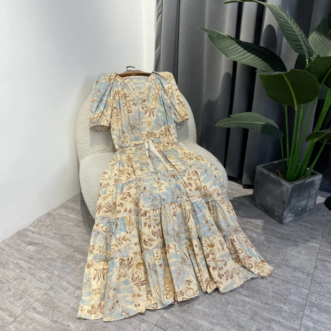 

Brown Floral Leaf Print Blue Dress Latest 2023 Summer Cotton Vintage Long Women for Holiday Top Quality Half Sleeve Clothes
