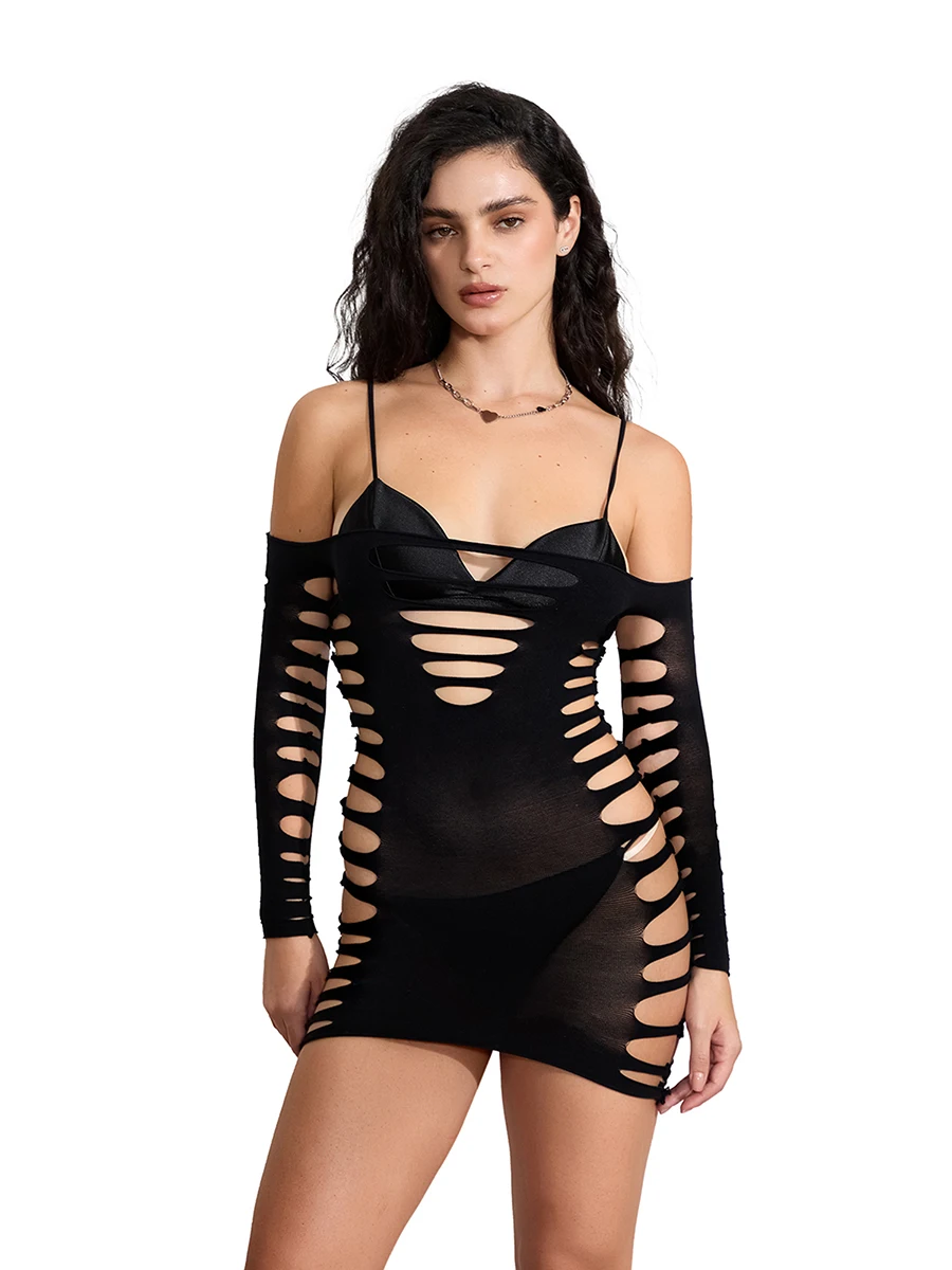 

Women s Fishnet Lingerie Dress Off Shoulder Long Sleeve Hollow Out Babydoll Chemise Nighty Dress