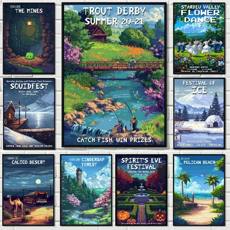 

Stardew Valley Travel Poster Simulation Video Game Inspired Pixel Artanvas Painting and Prints Wall Art Picture Room Home Decor