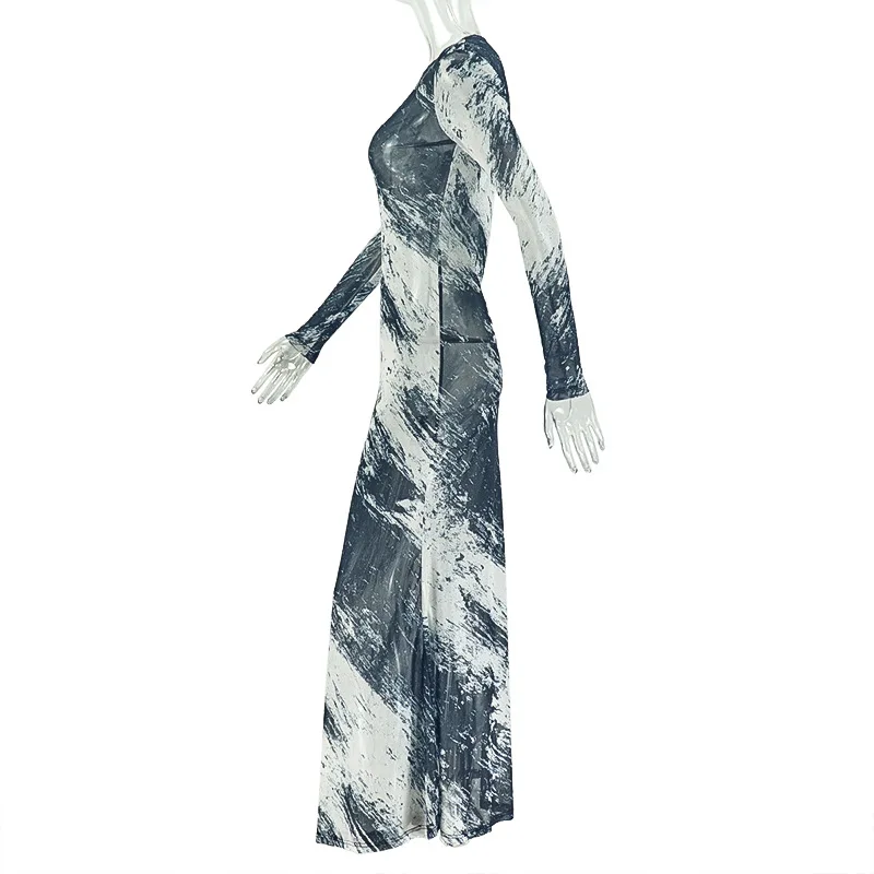 Y2K Abstraktes Batik-Print Mesh Party Maxikleid Elegantes Damen Rundhals Langarm Bodycon Transparentes Abendkleid – Detail 10