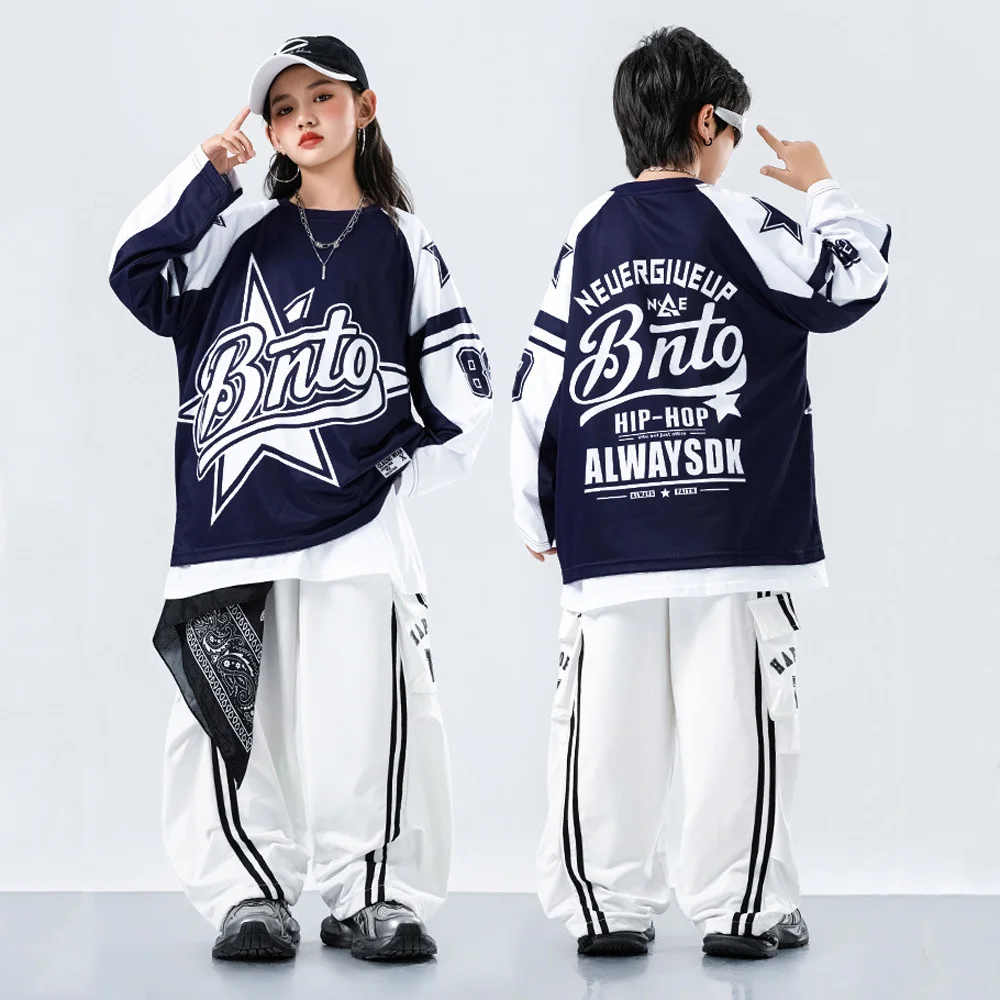 Kind Street Dance Kostüm Hip Hop Mädchen Kostüm Oversize Tops Langarm Weiß Lose Hosen Kinder Jazz Dance Streetwear Sets