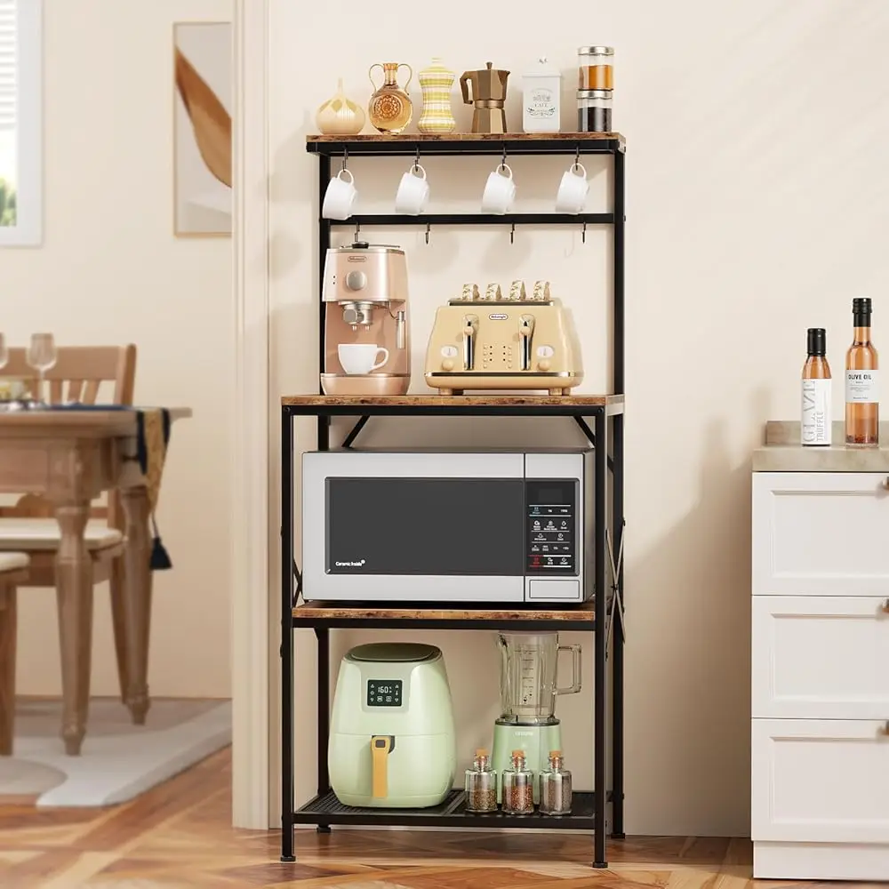 

Kitchen Bakers Ra With Storage Shelves, Small Coffee Bar Table With 8 Hooks, 4 Tiers Microwave Stand Station With Adjustable