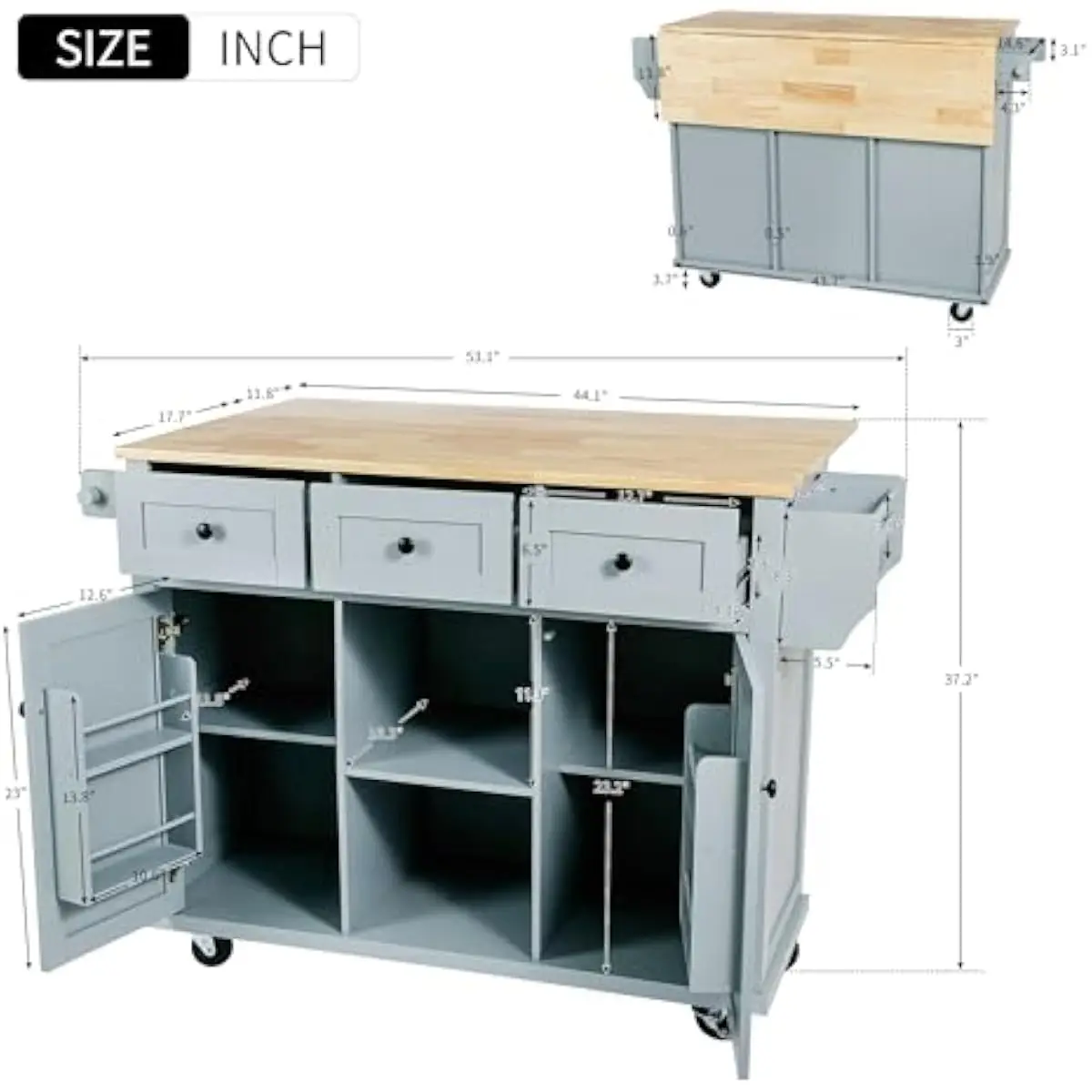 Rolling Kitchen Trolley with Expandable Rubberwood Countertop Foldable Leaf for Extra Prep Space 3 Smooth-Drawers Cubby Storage