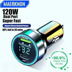 PD 120W Digital Display Super Fast Charging Car Chargers Vehicle Charger Metal Ring Display Cars Charger Adapter