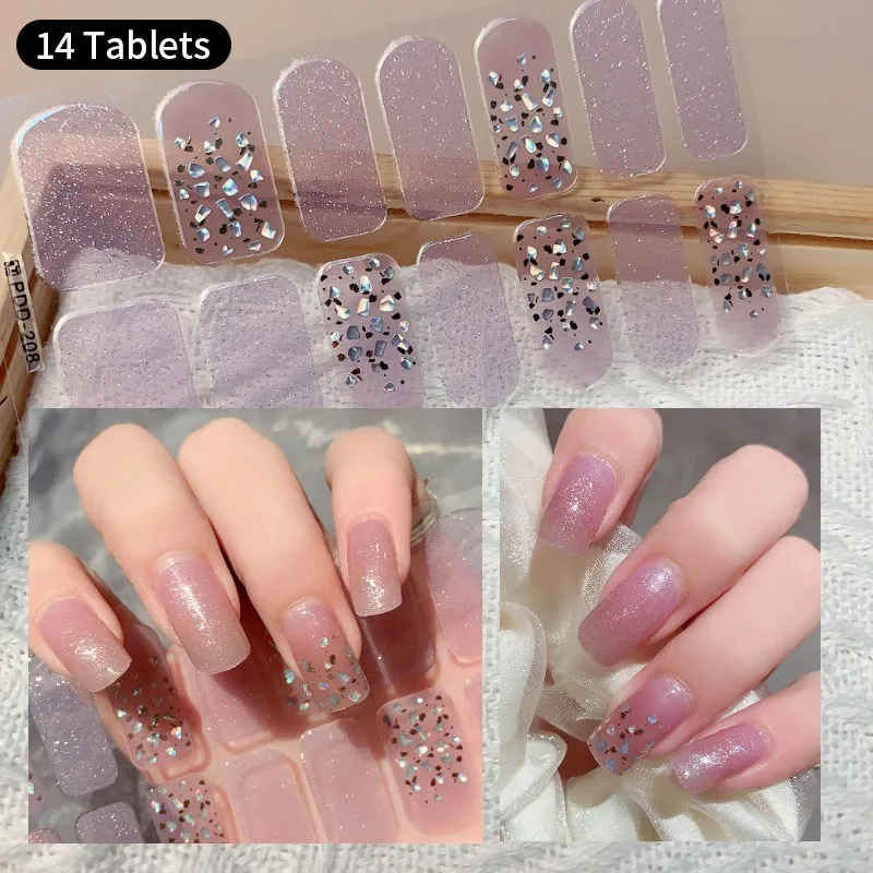 Autocollants pour ongles en gel UV 3D, 14 pièces, paillettes nude, fleurs, nickel é, document adhésif, couverture complète, lampe UV, manucure durcie