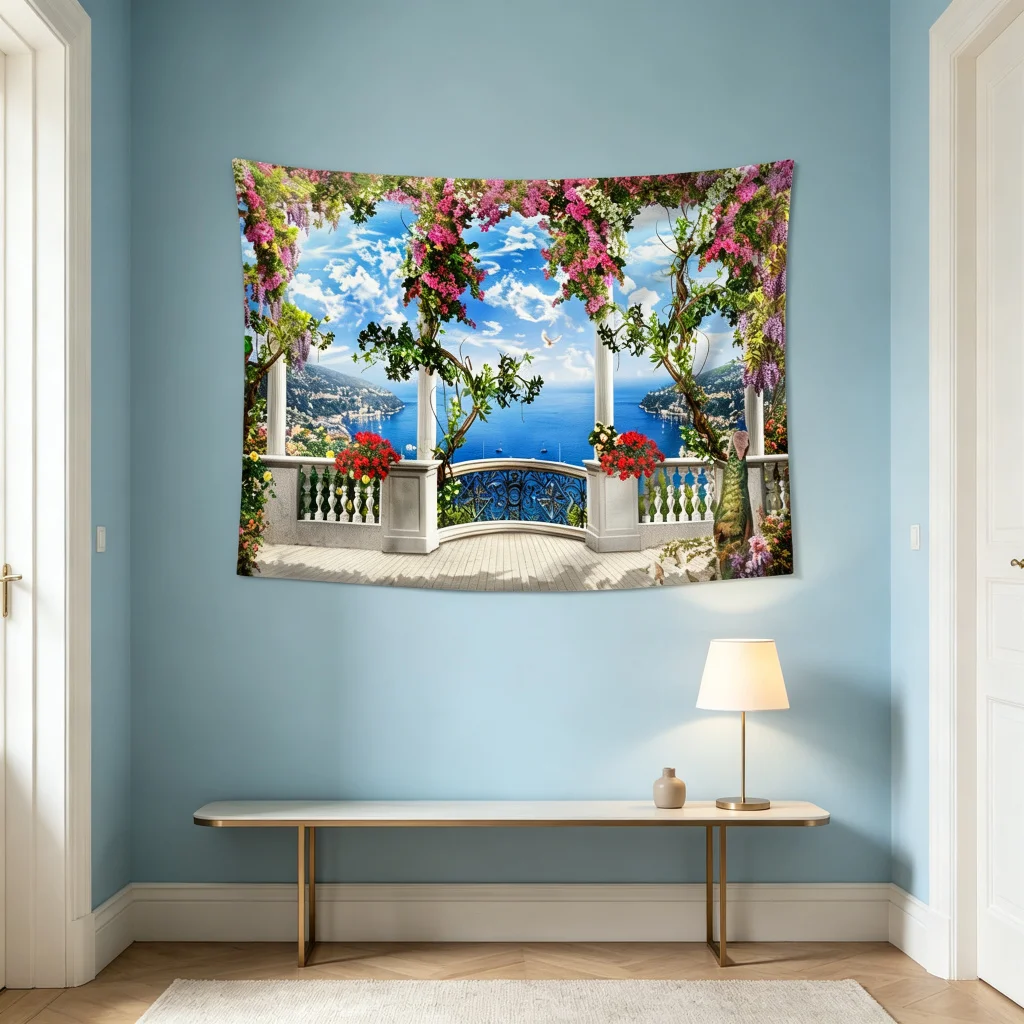 1PC Balcony Flower Ocean View Print Backdrop Banner, Bedroom Photo Background, Polyester Wall Hanging, Home Decor, Wall Art