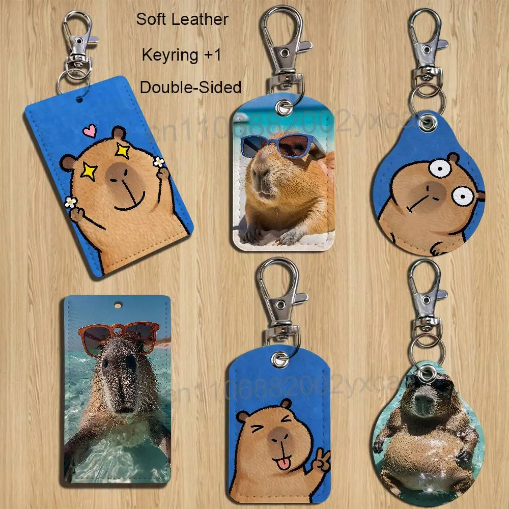 

Cartoon online celebrity Capybara Rectangle ID Card Case Keychain Access Card Bag Key Tag Ring Leather Card Holder Key