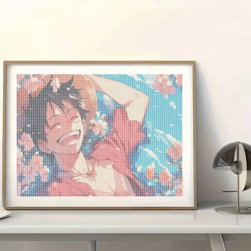 1PC Kit Lukisan Berlian 5D DIY Lengkap, One Piece Anime Monkey D. Luffy Tersenyum di Bawah Bunga Sakura, Kristal Rhinestone Full Drill